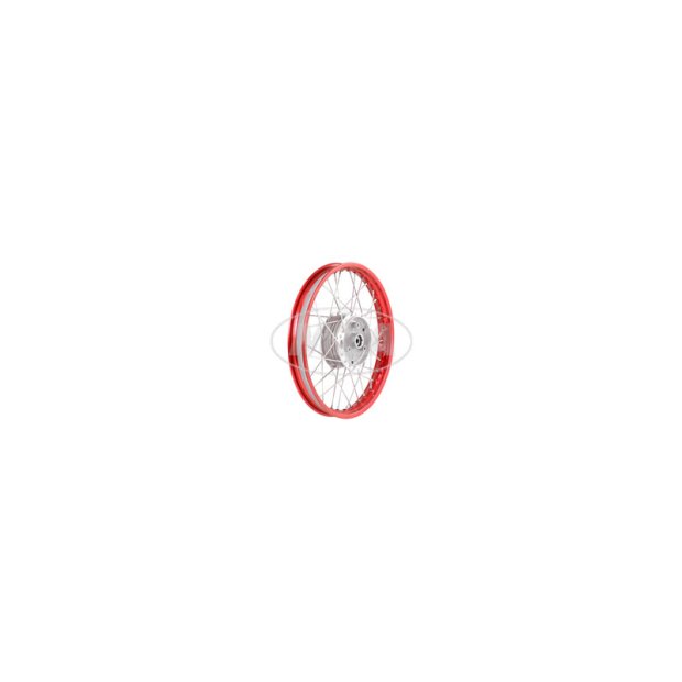 Speichenrad 1,50x16 Zoll Alufelge, rot eloxiert und poliert + Edelstahlspeichen (Radnabe: Graugussbremsring, abgedrehte Flanken)