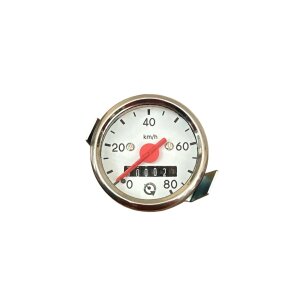 Tacho / Tachometer Ø48 (bis 80 km/h) mit Beleuchtungsfenster (Tachoblatt weiß / schwarz & Frontring verchromt) passend für SR2, SR2E, KR50, KR51, KR51/1, KR51/2, SR4 (MMB)